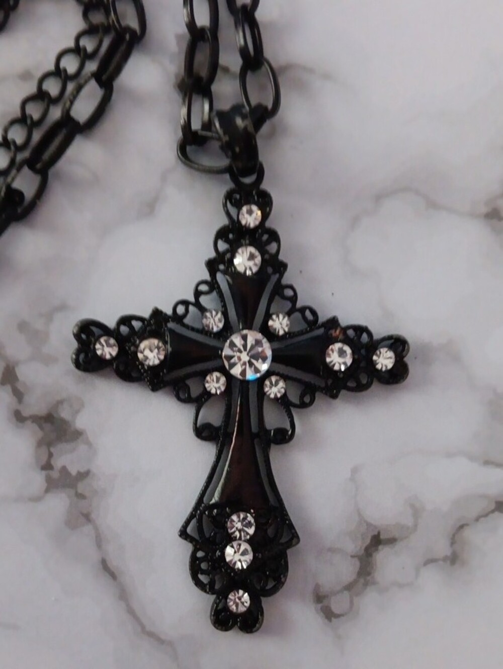 Black Cross✝️ Pendant Necklace with Rhinestones New!